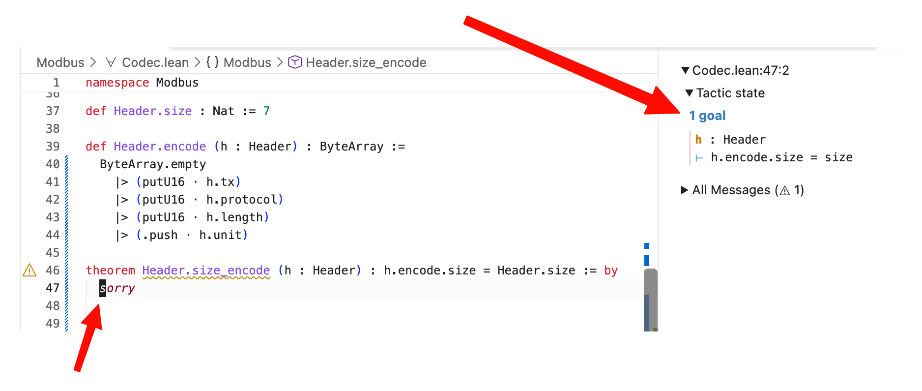 The Lean Info View with the cursor on sorry. The tactic state shows one goal, with hypothesis h : Header and goal h.encode.size = size.