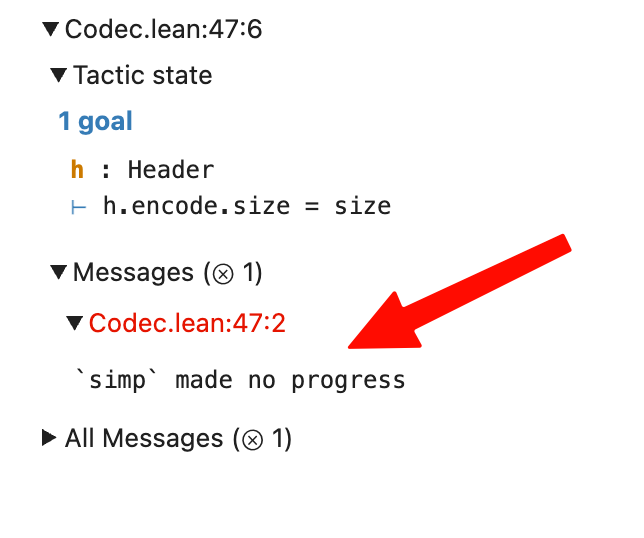 The Info View shows the goal unchanged and the error message: simp made no progress.