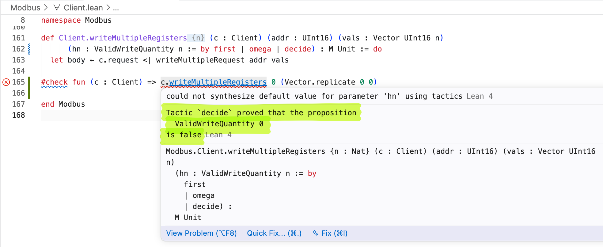 A #check of writeMultipleRegisters with Vector.replicate 0 0 is underlined in red. The hover error says it could not synthesize the default value for parameter hn, because decide proved that ValidWriteQuantity 0 is false.