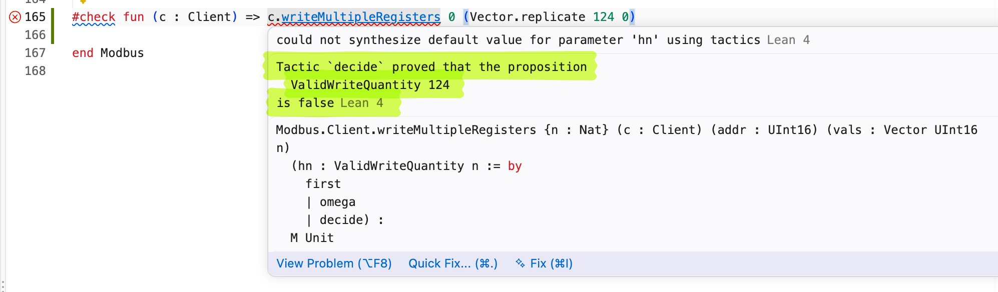 The same #check with Vector.replicate 124 0 fails the same way: decide proved that ValidWriteQuantity 124 is false.