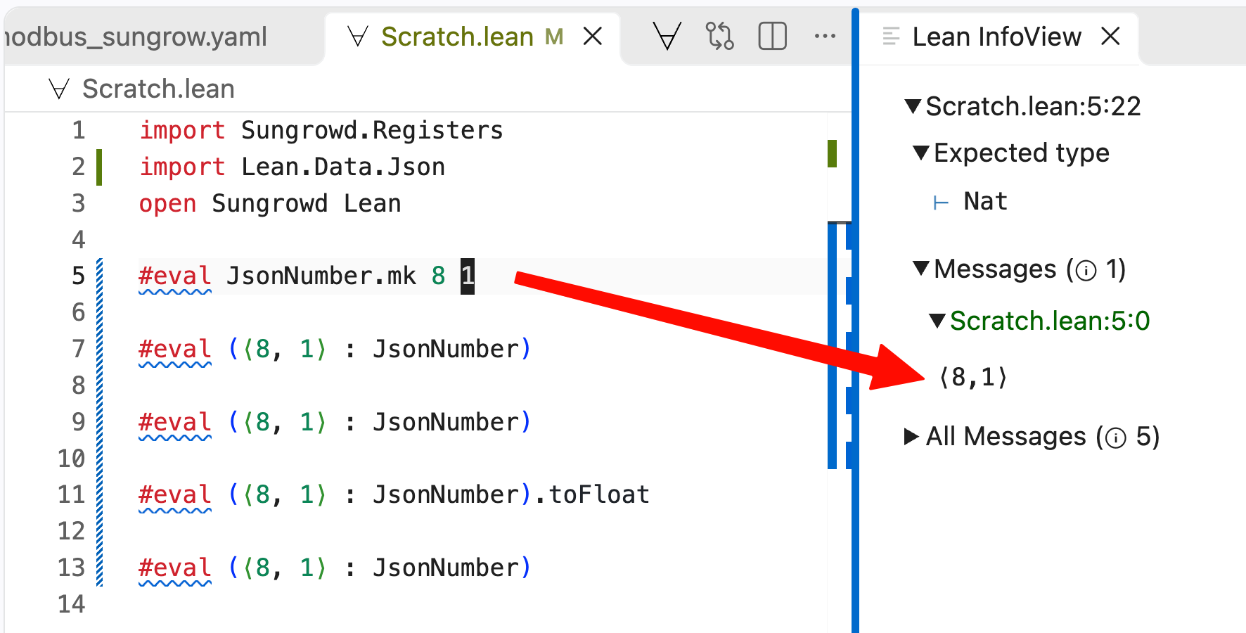 The Info View shows the result of #eval JsonNumber.mk 8 1 as ⟨8,1⟩.