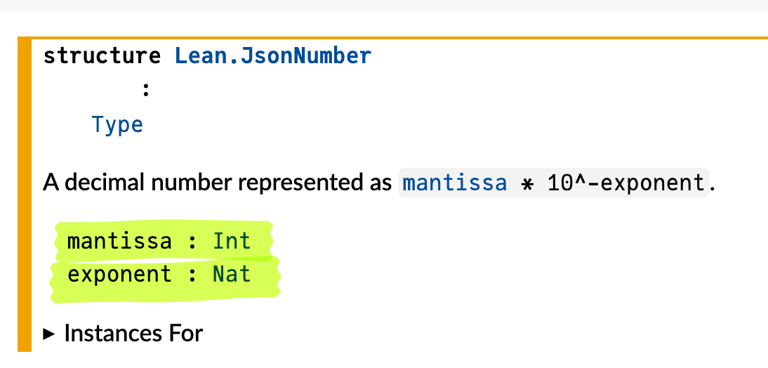 The mathlib docs entry for Lean.JsonNumber, with the two fields mantissa : Int and exponent : Nat highlighted.