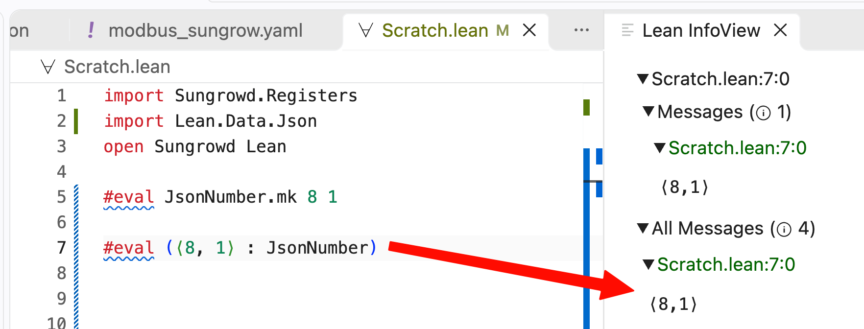 The Info View shows the same result, ⟨8,1⟩, for the anonymous constructor form (⟨8, 1⟩ : JsonNumber).