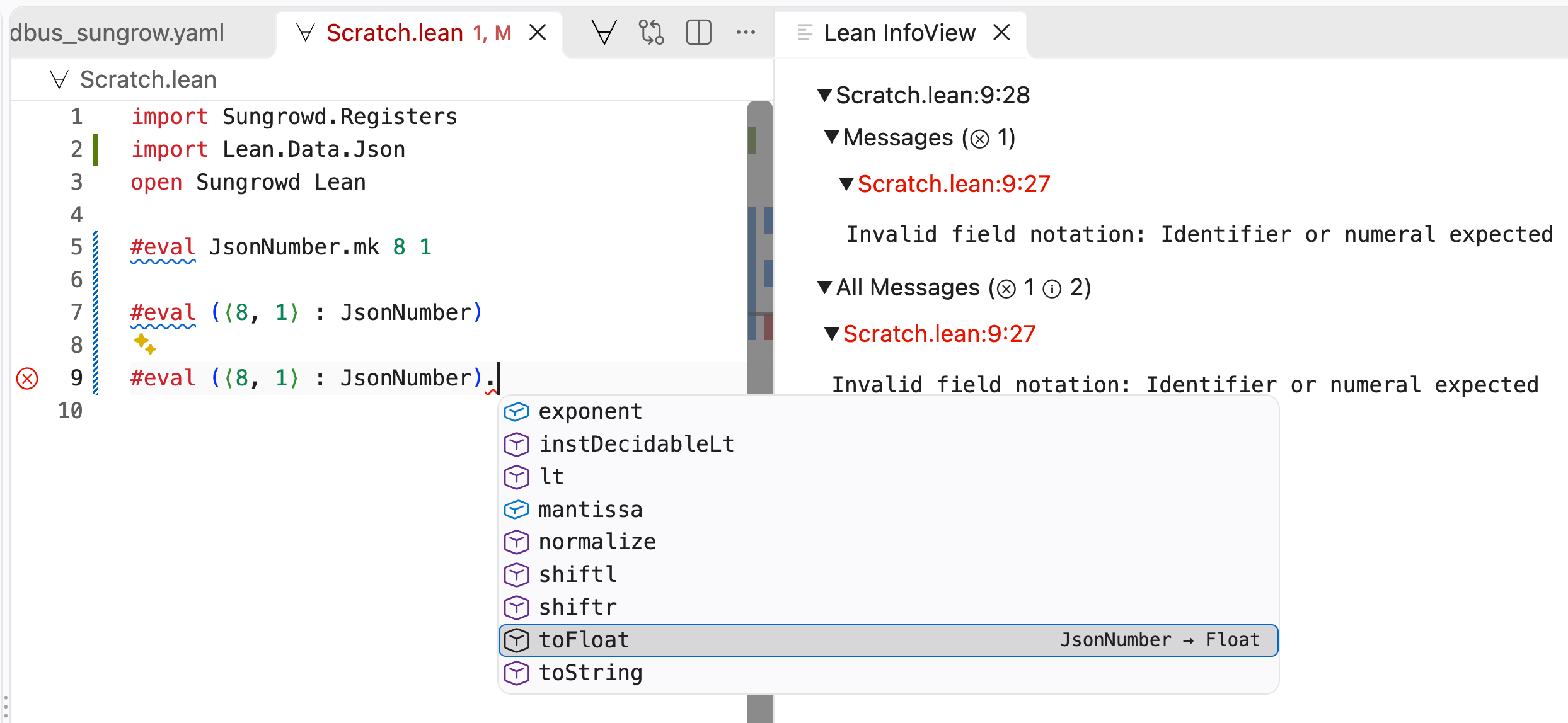 The editor autocomplete after typing a dot on a JsonNumber lists exponent, mantissa, normalize, shiftl, shiftr, toFloat and toString.